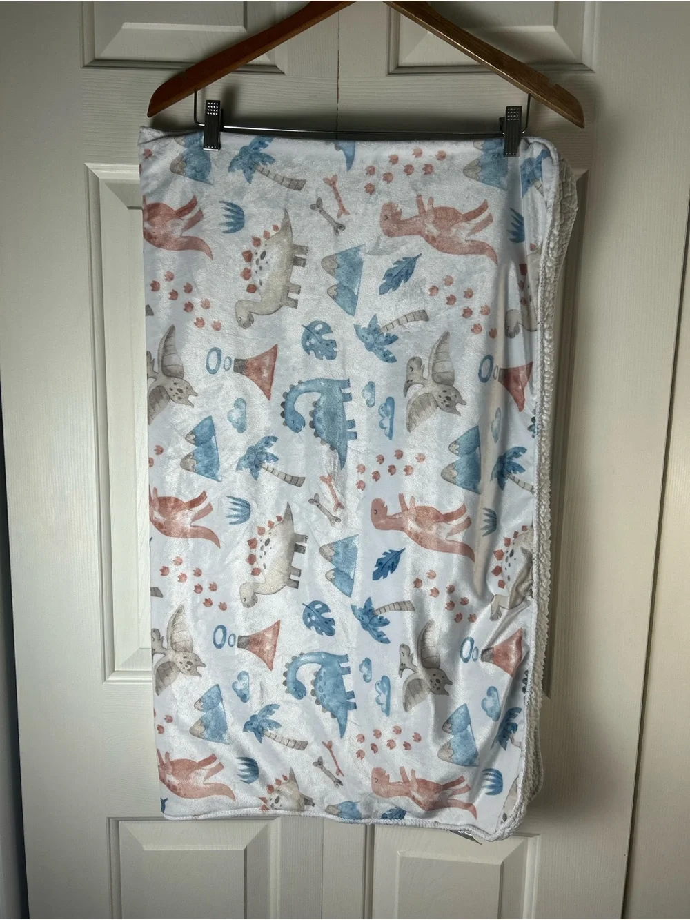 Blue White Dinosaur Baby Blanket Volcano Palm Tree Sherpa Clouds Mountains Bones